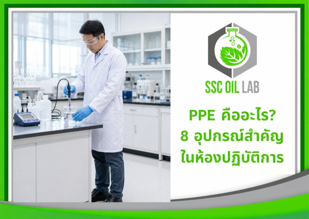 บุคลากรห้องปฏิบัติการสวมแว่นนิรภัย เสื้อกาวน์ และถุงมือ พร้อมหัวข้อ PPE 8 อุปกรณ์สำคัญ