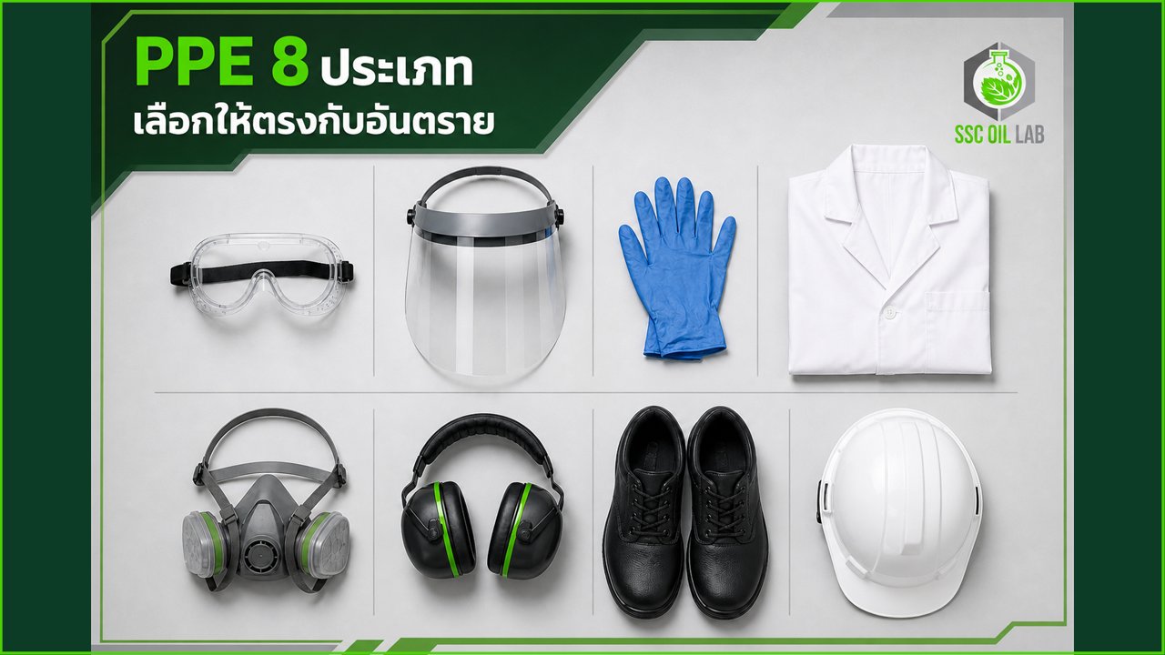 อุปกรณ์ PPE 8 ประเภท ได้แก่ แว่นครอบตา กระบังหน้า ถุงมือ เสื้อกาวน์ หน้ากากกรองอากาศ ที่ครอบหู รองเท้านิรภัย และหมวกนิรภัย