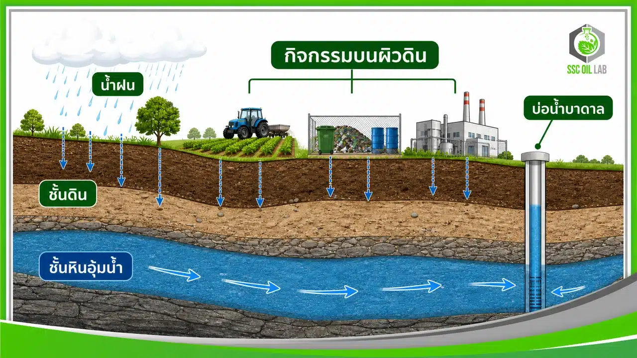ภาพตัดขวางชั้นดิน ชั้นหินอุ้มน้ำ บ่อน้ำบาดาล และกิจกรรมบนผิวดิน