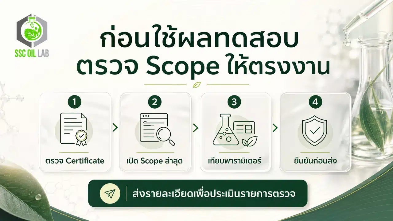 ขั้นตอนตรวจ Certificate เปิด Scope ล่าสุด เทียบพารามิเตอร์ และยืนยันก่อนส่งตัวอย่าง