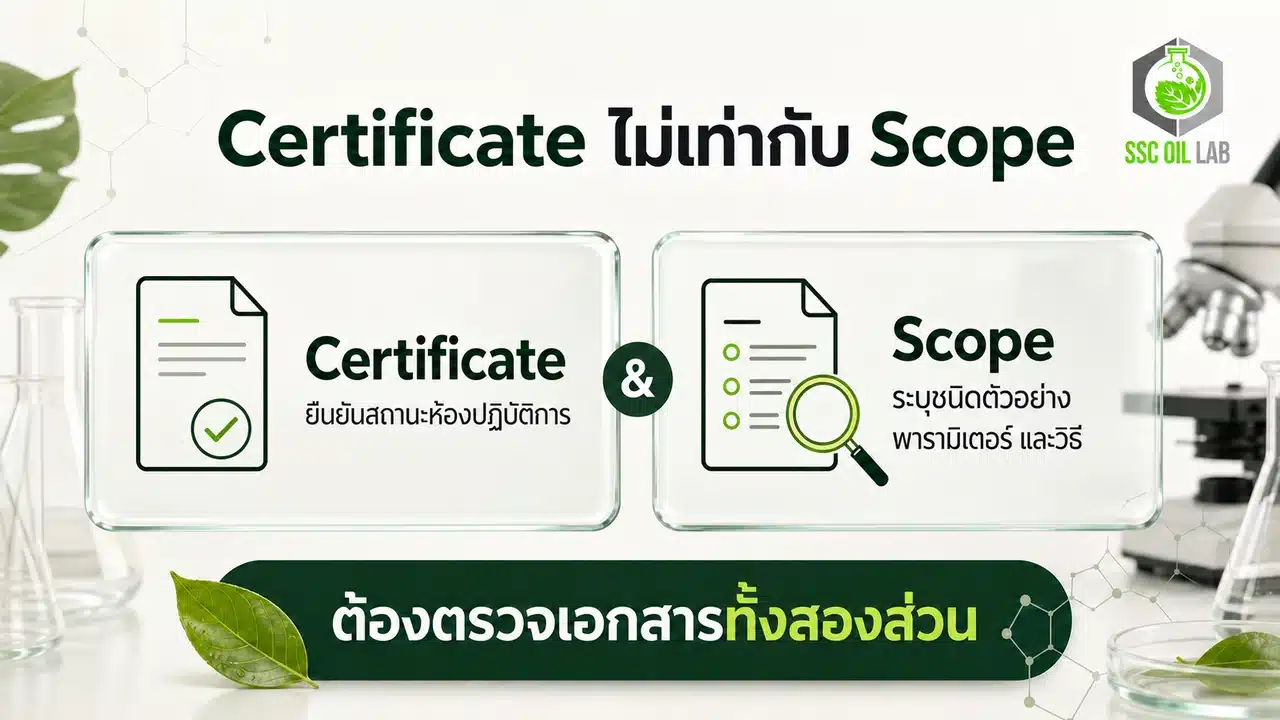 ภาพเปรียบเทียบ Certificate และ Scope ว่าเป็นเอกสารคนละส่วนที่ต้องตรวจร่วมกัน