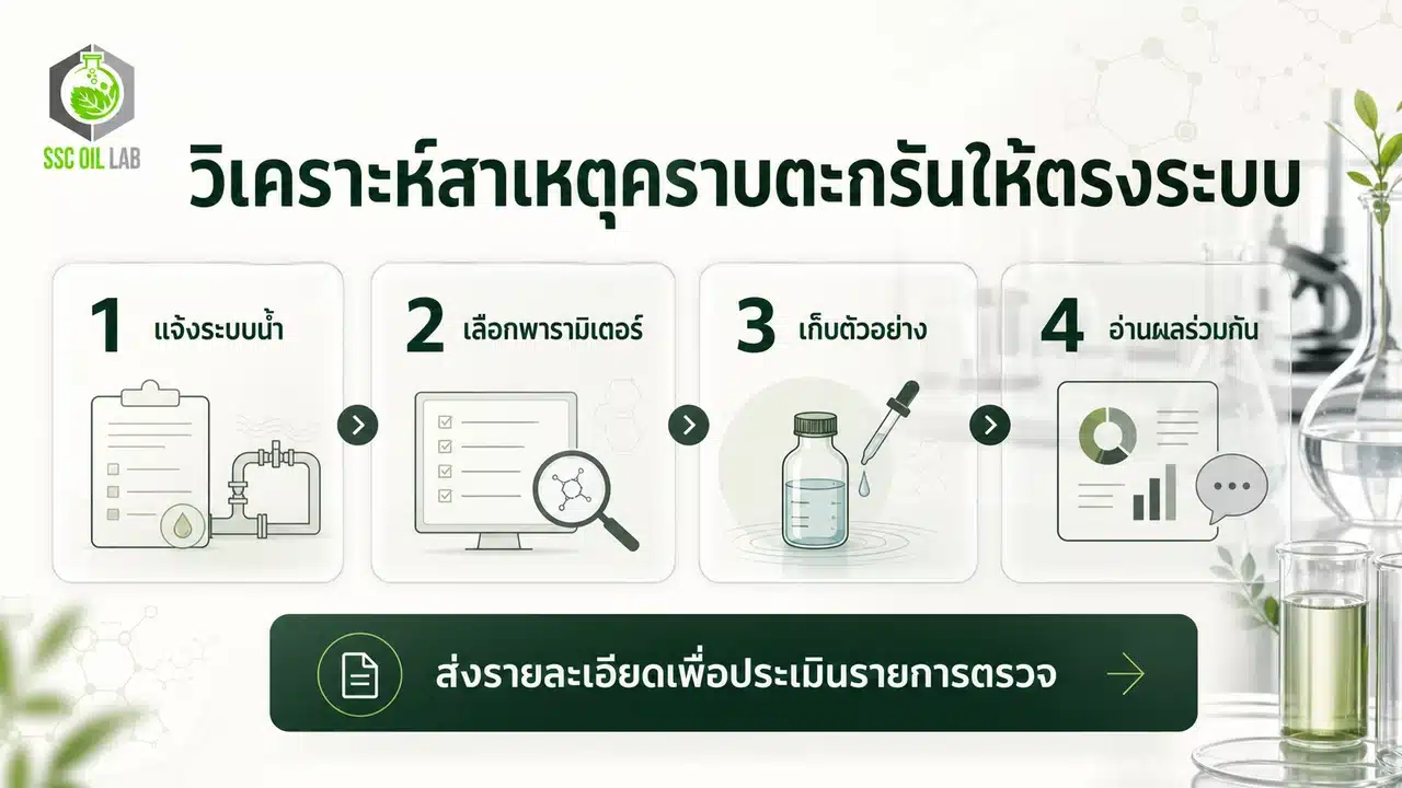 ขั้นตอนแจ้งระบบน้ำ เลือกพารามิเตอร์ เก็บตัวอย่าง และอ่านผลร่วมกันเพื่อวิเคราะห์คราบตะกรัน