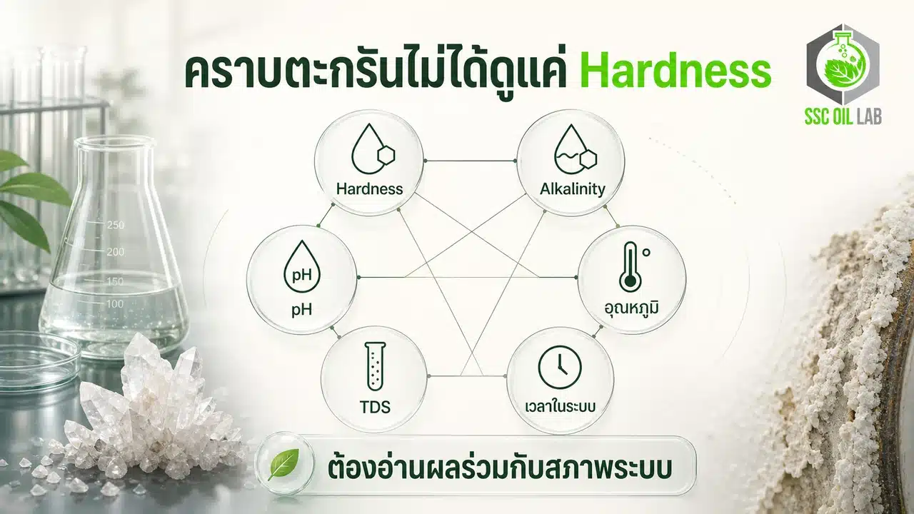 แผนภาพปัจจัย Hardness Alkalinity pH อุณหภูมิ TDS และเวลาในระบบที่สัมพันธ์กับคราบตะกรัน
